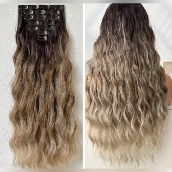 Other - 22 in Water Wave Brown to Ash Blonde Balayage Clip in Hair Extensions Set